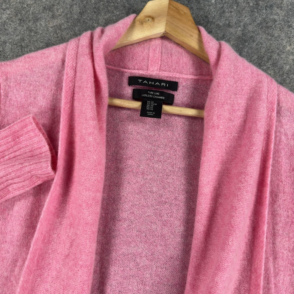 Tahari Cardigan Sweater Womens XS Pink 100% Cashmere Open Front Knit Long Sleeve